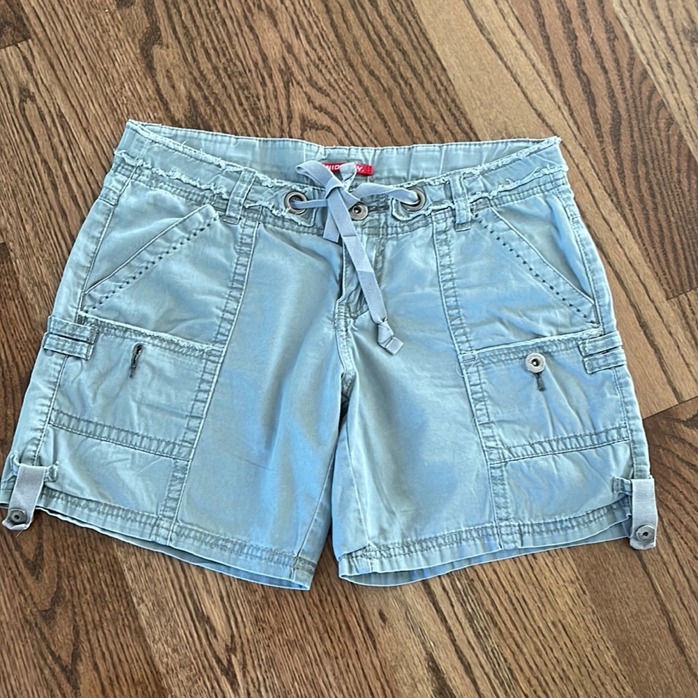 Gray Cargo Look Shorts with gray Drawstring and Button Closure